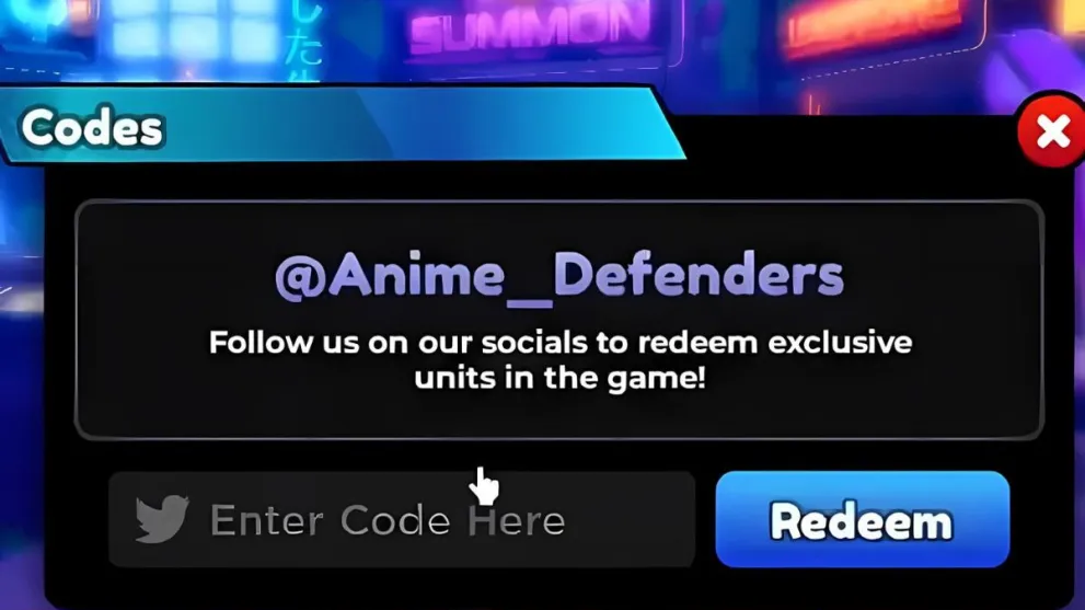 Codes redemption menu in Anime Defenders Roblox experience