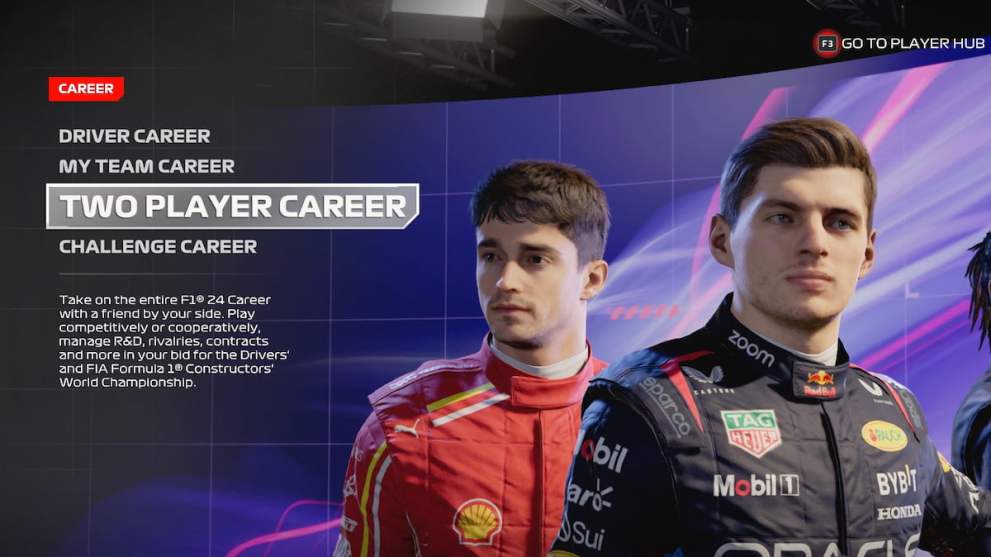 Two player career mode selected in the main menu in F1 24